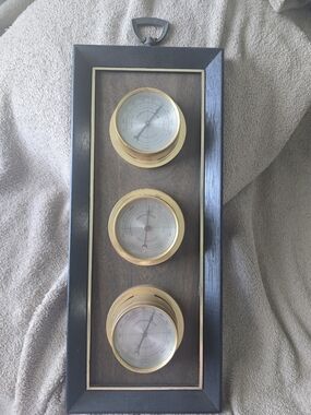 Vintage MCM Nautical Wood Frame Wall Weather Station Brown & Gold Rustic Wear